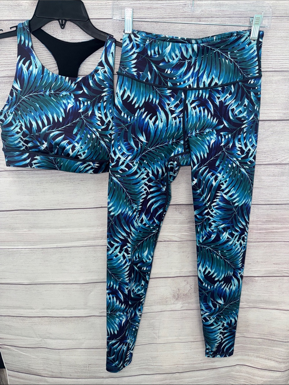 High-Waist Tropical Print Leggings - Blue Palm